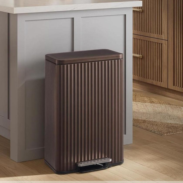 SONGMICS Trash Can, 13 Gallon (50 L) Garbage Can for Kitchen, with Lid, Pedal, and Removable Inner Bucket, Soft Close, Stainless Steel, 15 Trash Bags (Code K) Included, Brown ULTB586MZ01
