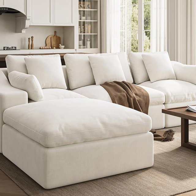 ohllob 120" Oversized Cloud Couch, Modular Sectional Couches for Large Living Room (Warm White, 3 Seater + 1 Ottoman) | Boneless Sofa, Convertible Bed, High Back, Washable Cover, Softness Linen
