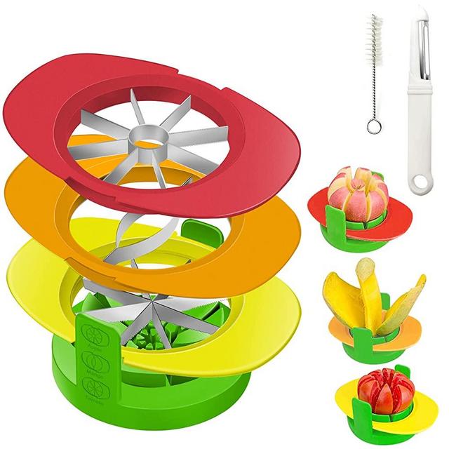 BIGOU Apple Slicer Corer Mult-purpose Fruit Cutter 4 in 1 Stainless Steel Mango Slicer Pit Remover Tool Tomato Wedger with Peeler Cleaning Brush for Apple Pear Mango Tomato Orange