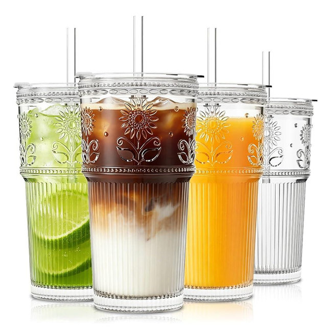 INSETLAN 20 oz Sunflower Glass Cups with Lids and Straws, Set of 4, Elegant Iced Coffee Cups for Coffee, Matcha, Smoothies, Juice, Cocktail and More, Leak-Proof Glass Tumbler for Daily Use and Travel