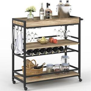 BON AUGURE Bar Cart for The Home, Bar Serving Carts on Wheels, 3 Tier Storage Drink Trolley, Rolling Wood and Metal Liquor Beverage Cart (Vintage Oak)