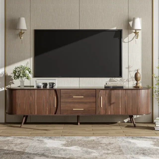 TV Stand for TVs up to 80", Mid-Century Modern TV Console Media Console Entertainment Center with Sliding Doors & 2 Drawers, Dark Brown - ModernLuxe