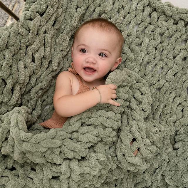 SAMIAH LUXE Baby Chunky Knit Blanket 50x30 Sage Green; Baby Blanket for Boho Decor & Farmhouse Decor; Baby Boho Blanket, Chunky Baby Blanket, Stroller Blanket or Crib Blanket for Baby Room Decor