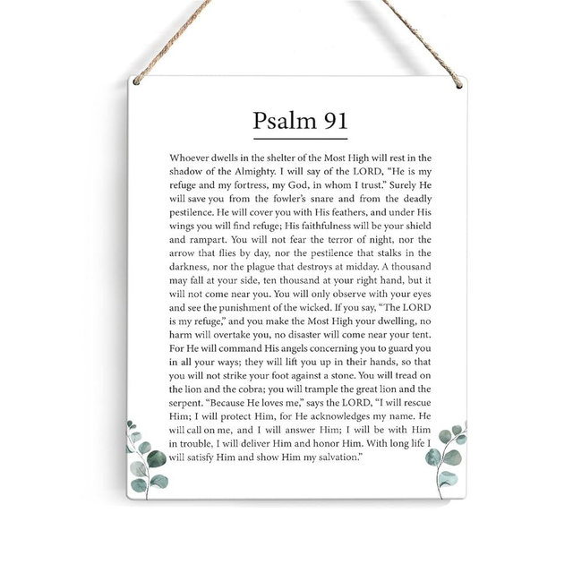 Inspirational Bible Verse Signs Wall Decor Religious Psalm 91 Wood Plaque Print Scripture Wooden Hanging Sign Decoration for Home Living Room Door 8" x 10"