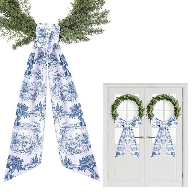 Blue French Toile Sash for Wreaths - 2 Pcs Rustic Wreath Sashes for Front Door Kitchen Cabinet, Wreath Sash for Monogram Embroidery Farmhouse Home Decor