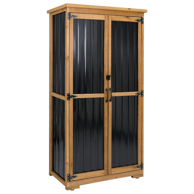 Ketive Outdoor Storage Cabinet, Tall Tool Garden Cabinet with Weather-Resistant Roof, Double Lockable Doors, 3 Removable Shelves & Adjustable Feet, for Patio, Garden, Backyard, 32" x 15.5" x 66"