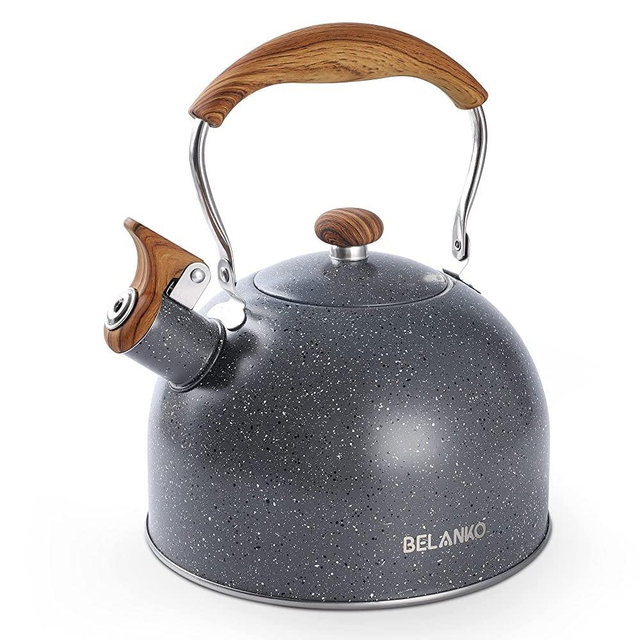 Tea Kettle, BELANKO 85 OZ / 2.5 Liter Whistling Tea Kettle, Tea Pots for Stove Top Food Grade Stainless Steel with Wood Pattern Folding Handle, Loud Whistle Kettle for Tea, Coffee, Milk - Gray