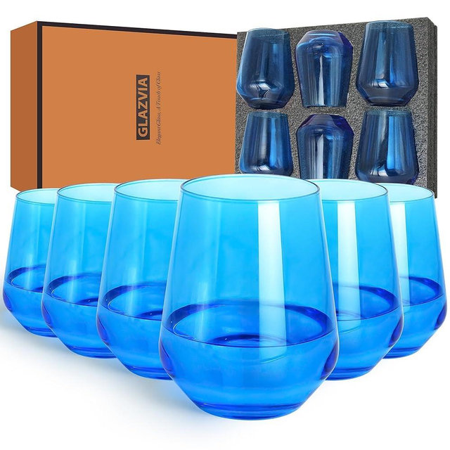 GLAZVIA Blue Stemless Wine Glasses Set of 6, 15oz Drinking Glassware Dishwasher Safe, Wine Glass Tumblers for Red or White, Gift for Party, Holiday, Anniversary, Restaurant, Home Bar, Daily Use