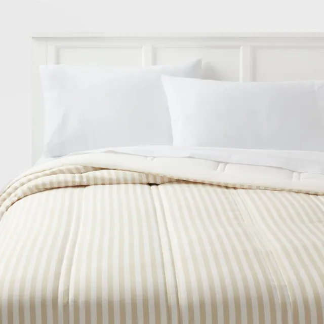 Twin/Twin Extra Long Lofty Microfiber Printed Comforter Khaki/White Striped - Room Essentials™: Year-Round, Teen-Friendly, OEKO-TEX Certified