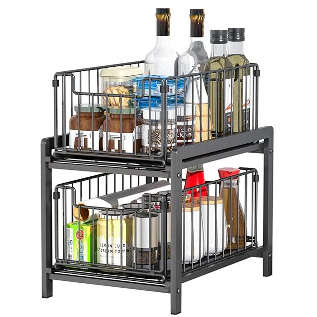 2 Tier Sliding Basket Drawer Organizer , Lesige Pull Out Under Sink Cabinets Organizer, Metal Home Organizer Shelf for Bathroom or Kitchen, Sliding Countertop or Pantry Storage shelf, Large Black