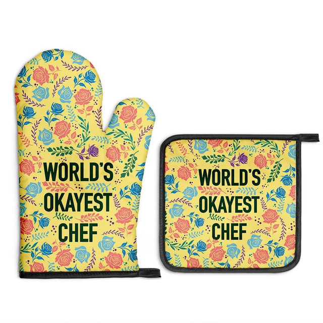 Gkodw World's Okayest Chef Oven Mitts and Pot Holders Sets, Funny Floral Kitchen Oven Mitts for Cook, Chef Gifts for Men Women, Christmas Baking Gifts for Mom, Housewarming Present for Baker