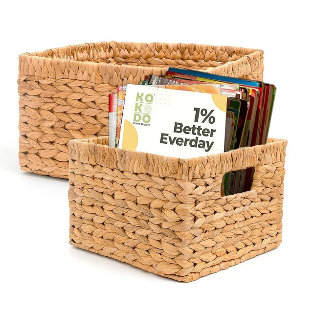 KOKODO 2Pcs Square Wicker Storage Baskets - Water Hyacinth Basket Set with Metal Handles, Small Woven Bin, Square Woven Basket, Perfect for Organizing, Stylish and Durable, Woven Storage Baskets