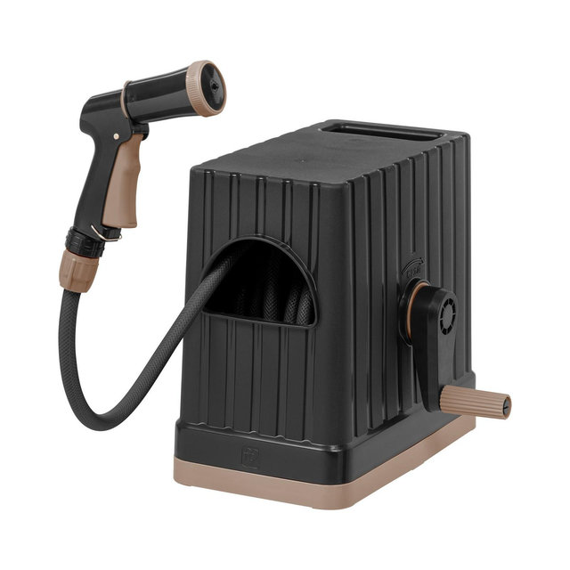 IRIS USA 49 ft. All-In-One Retractable Hose Reel with Garden Hose, Nozzle, and Hose Connector, 5 Spray Pattern Hose Nozzle, Portable, Black