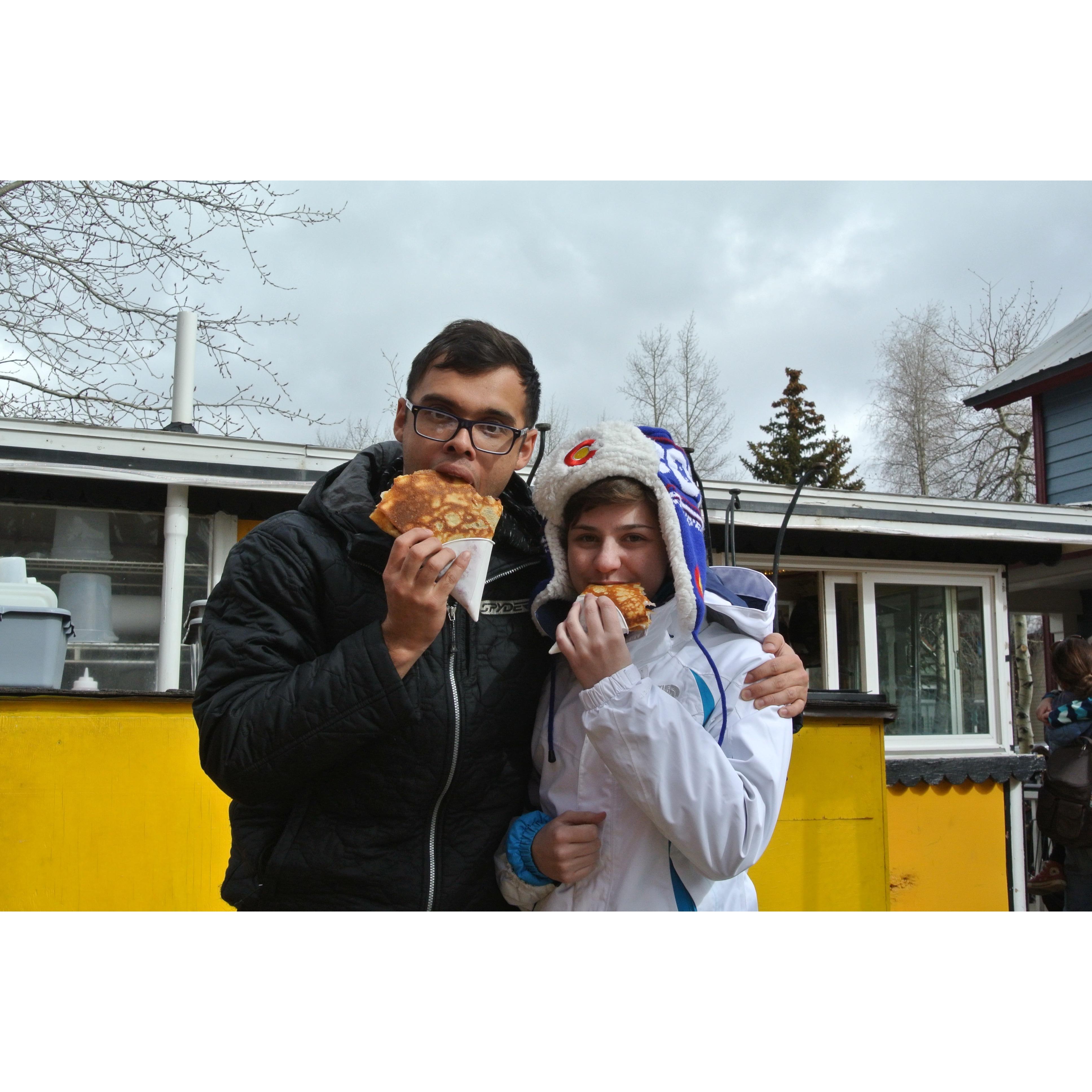 Enjoying crepes in Breck