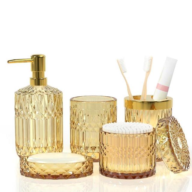 Glass Bathroom Accessory Set -Tumbler, Cotton Swab Jars, Soap Dish, Soap Dispenser and Toothbrush Holder Set, 5PCS Retro-Modern Bathroom Decor Sets, Great Gift Set for Holiday, Wedding or House