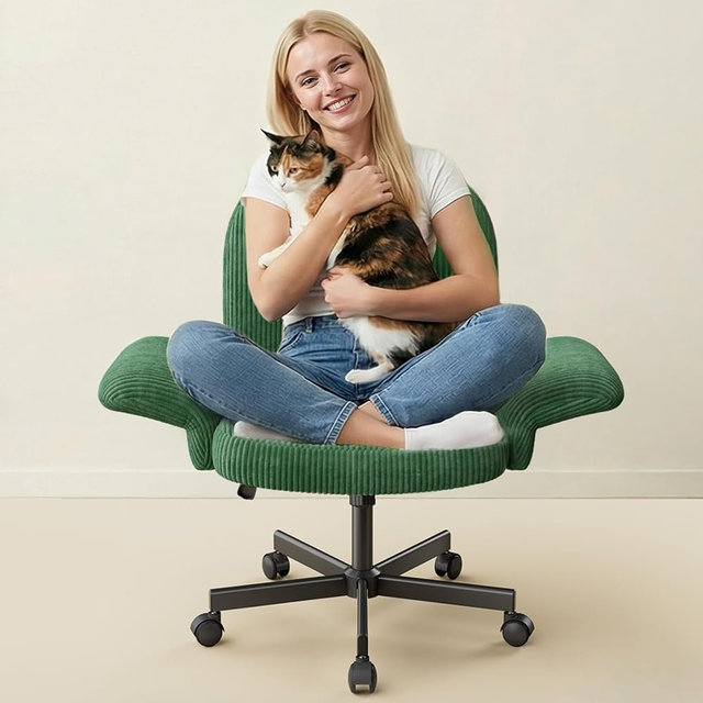 HUANUO Criss Cross Office Chair for Women, Cross Legged Desk Chair with Adjustable Armrests, Soft Corduroy Fabric for Small Spaces, Petite Home Office Computer Chair for Girls, Deep Green