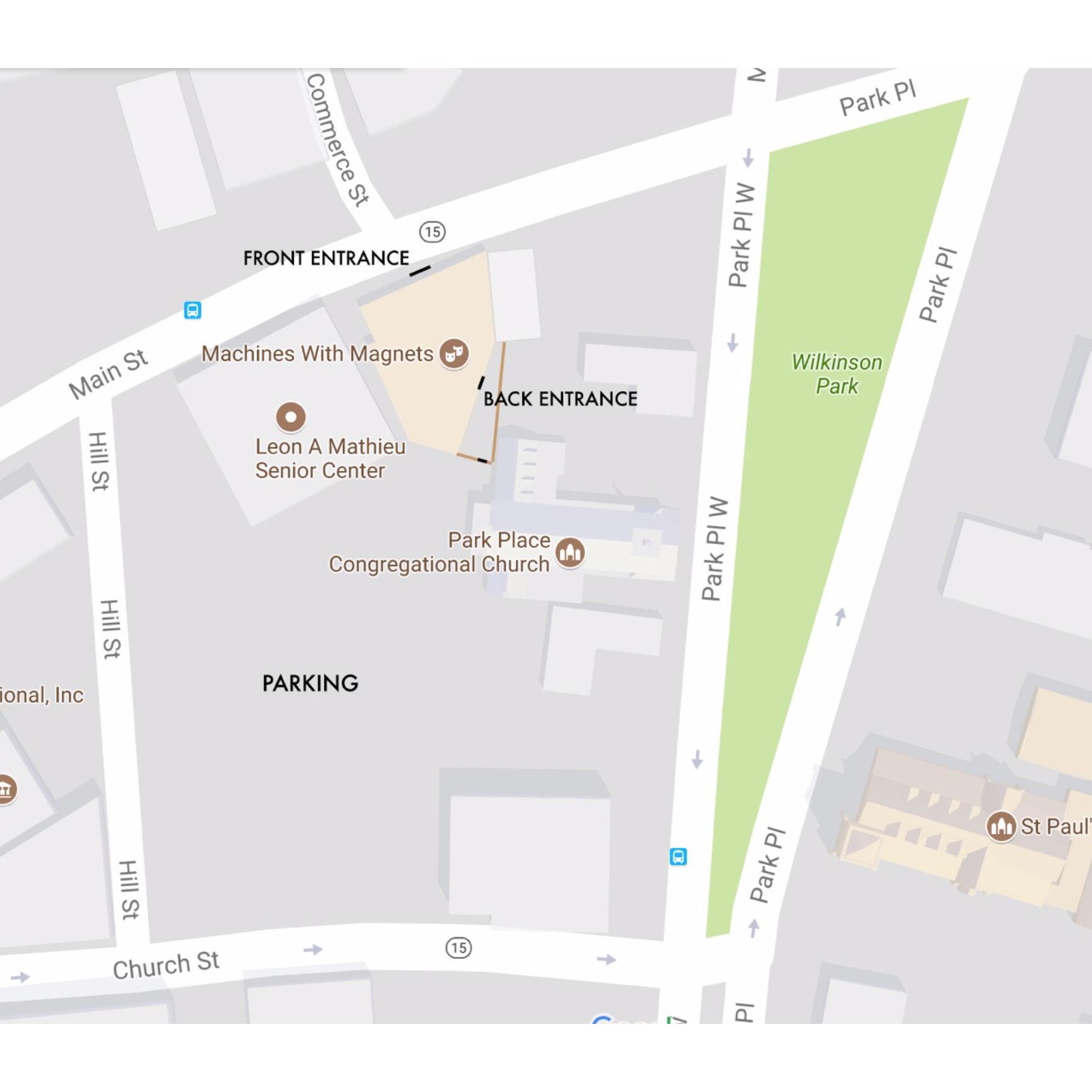 Venue Parking Map. Please enter the venue through the "Front Entrance"