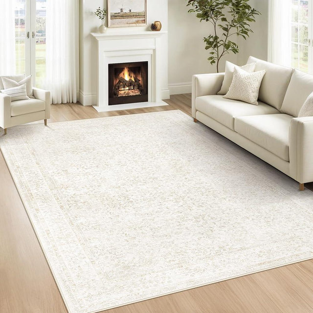 losbulake Bedroom Rug Washable Large Area Rugs Foldable Low Pile Print Non Slip Boho Patterned Rugs for Bedroom Living Room Dining Home Office (Floral Beige, 5'x7')