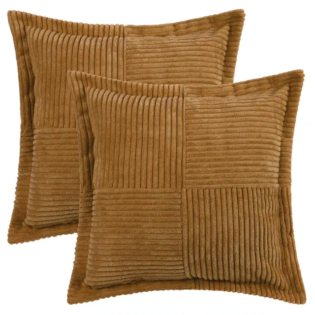 Unique Bargains Home Decorations Solid Wide Bordered Corduroy Striped Throw Pillow Covers 2 Pcs Brown 18" x 18"