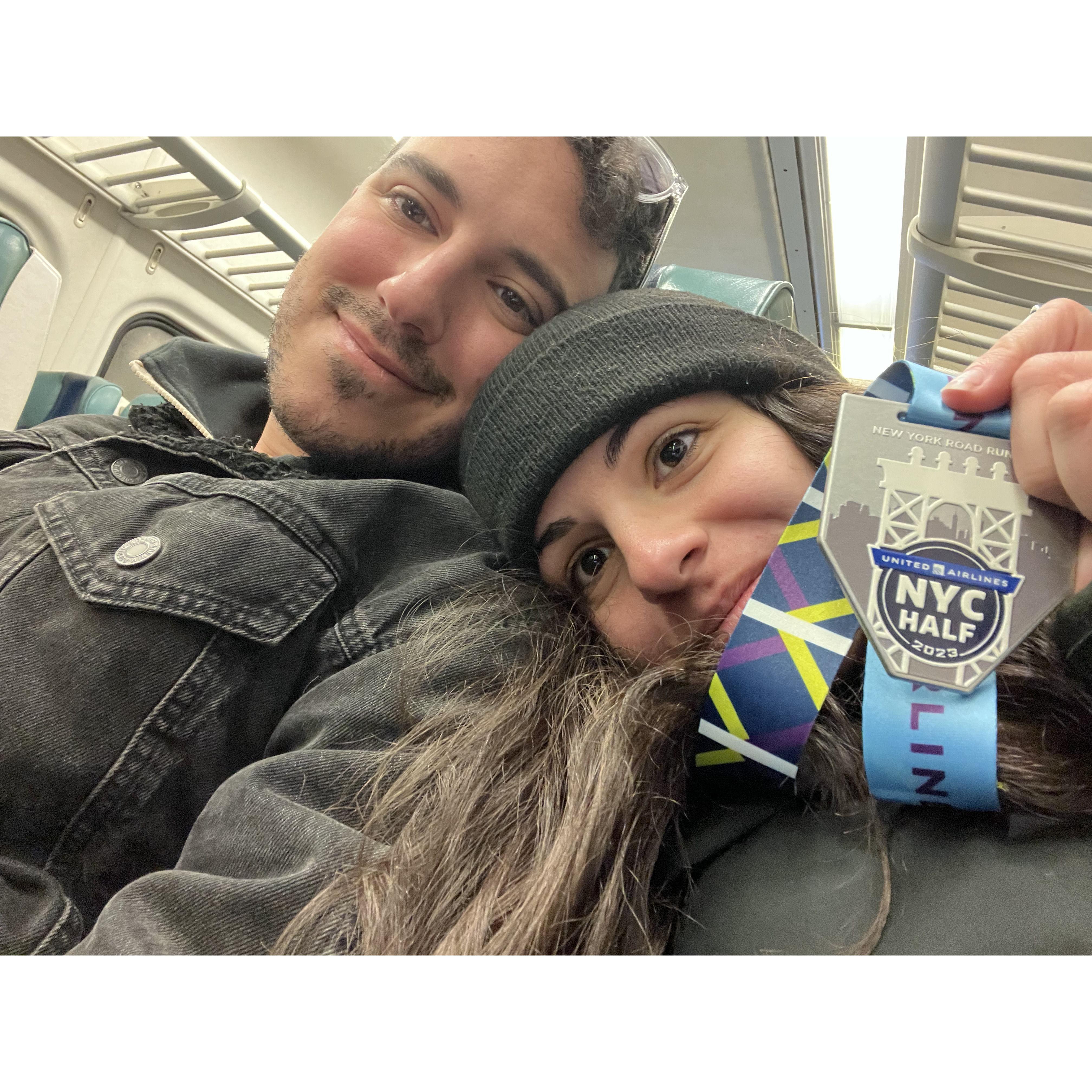 Marisa was exhausted after finishing her half marathon, Joe made sure to drag her tired self to the train.
March 19, 2023