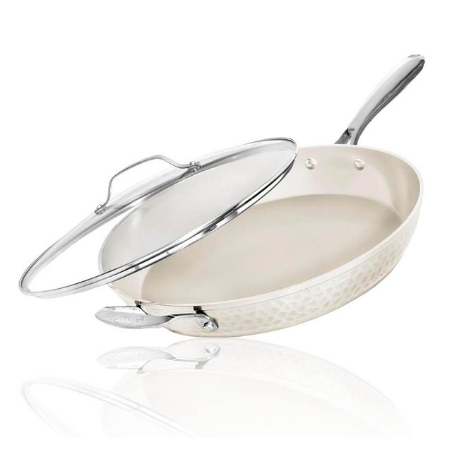Gotham Steel Hammered Cream 14'' Ultra Ceramic Nonstick Fry Pan with Lid
