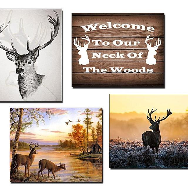 Rustic Home Hunting Wall Decor - 4 Piece Deer Quote Set - Art Prints Decorations Painting for Bedroom, Man Cave, Hunting Room, Kitchen, Basement, Bathroom, Farmhouse, Shelf, Living Room, Desk, Office