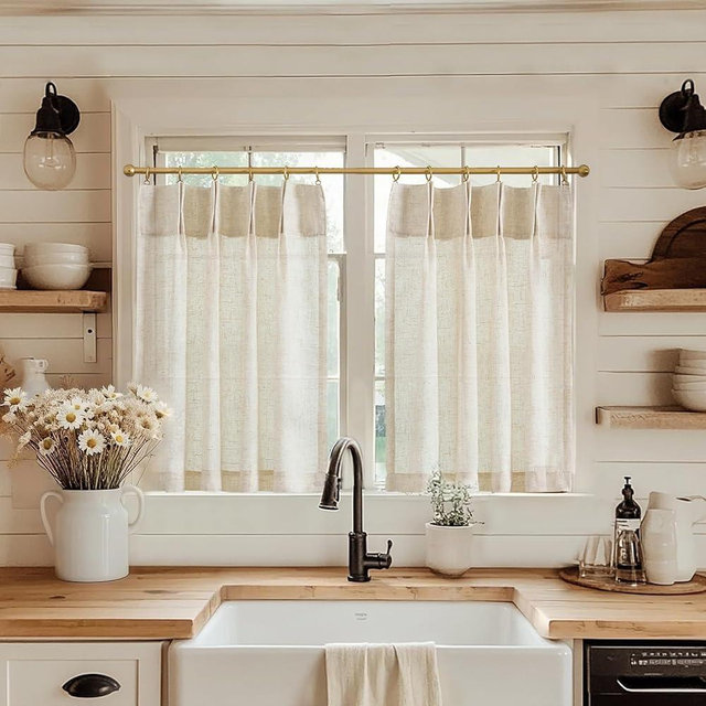jinchan Linen Pinch Pleated Kitchen Curtains 24 Inch 2 Panels, Natural Linen Tier Curtains Back Tab Beige Farmhouse Cafe, Light Filtering Small Window Drapes for Bathroom Laundry Room Beige