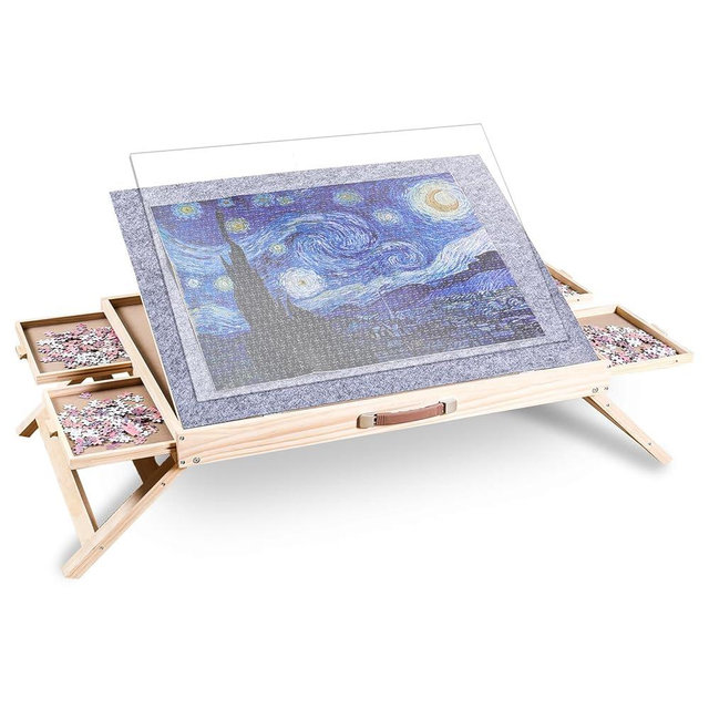 1500 Piece Jigsaw Puzzle Table with Drawers - 34” X 25” - Wooden Puzzle Table with Cover | 3-Tilting-Angle Adjustable & 4 Drawers - Portable and Felted Anti-Slip Surface