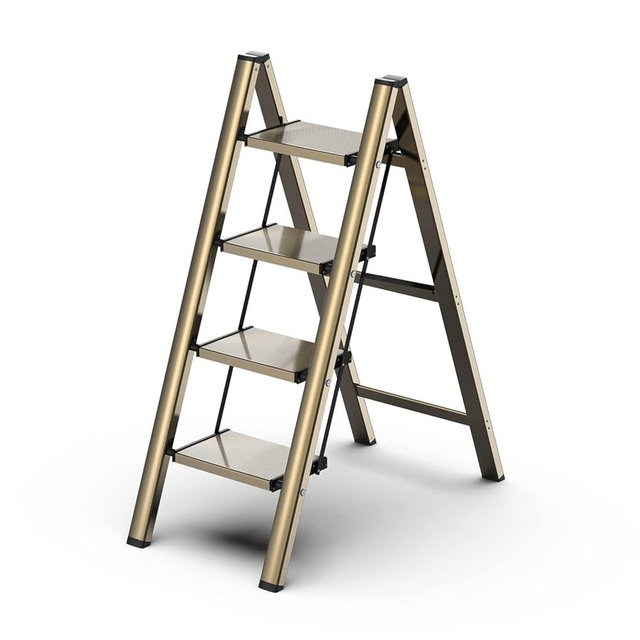 GameGem 4 Step Ladder, Folding Step Stool with Wider Pedal, Anti-Slip Feet & Non Slip Stripes, Aluminum Sturdy Material, 300Lbs Capacity, Elegant Look of Champagne Gold Better Matches Your Home