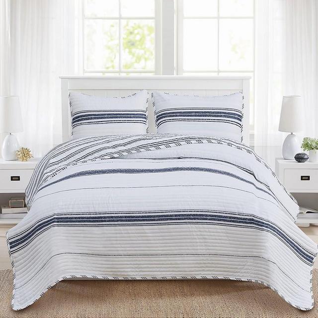 Navy Striped Quilt Set King Size | Ultra Soft Lightweight Microfiber Bedspread | 3 Piece Reversible Coverlet Set for All Seasons | Maeve Collection (King, Navy)