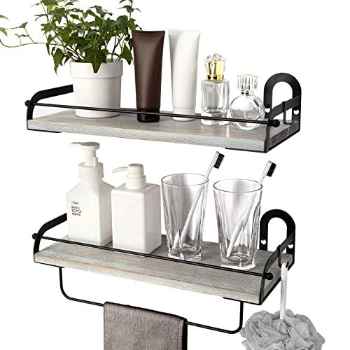 Ophanie Floating Shelves Wall Mounted Set of 2, Rustic Wood Wall Storage Shelves Organizer for Kitchen, Bathroom, 2 S-Shape Hooks Included