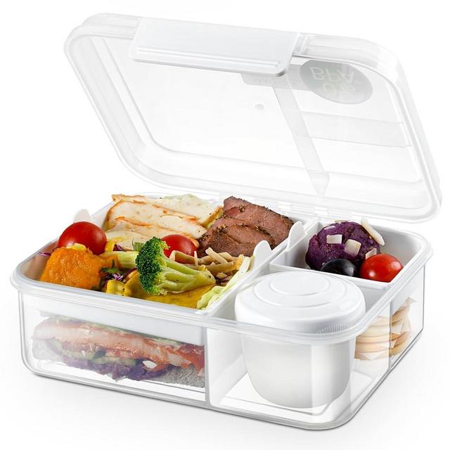 ANDMOON Meal Prep Containers Reusable, Snackle Box Container Bento Box Adult, Bento Lunch Box with 2 Removable Trays, and Salad Dressing Container, 55.75 oz/1.65L Size (white/55.75 oz)