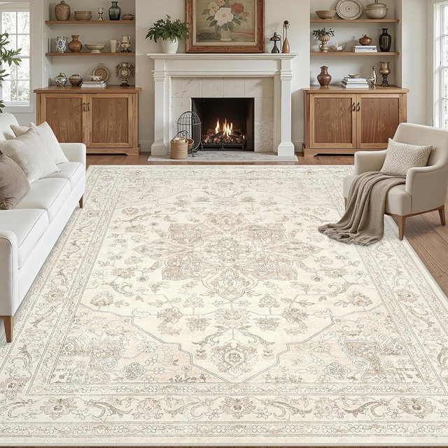 8x10 Area Rugs for Living Room: Vintage Boho Neutral Washable Rug Indoor Soft Large Area Rug Carpet for Bedroom Nursery Farmhouse Dining Room Office Floor Non-Slip Low Pile Under Table Rug Beige White