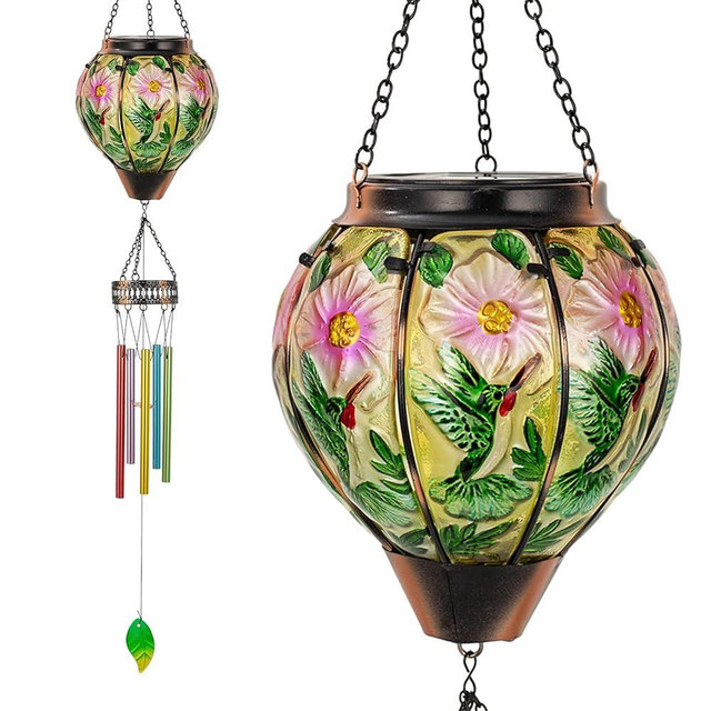 VEWOSTAR Hummingbird Wind Chimes,40.2” Solar Wind Chimes for Outside,Memorial Wind Chime with Lanterns,Solar Windchimes Outdoor for Mom Women Grandma,Hummingbird Hanging Windchime for Patio Yard Decor