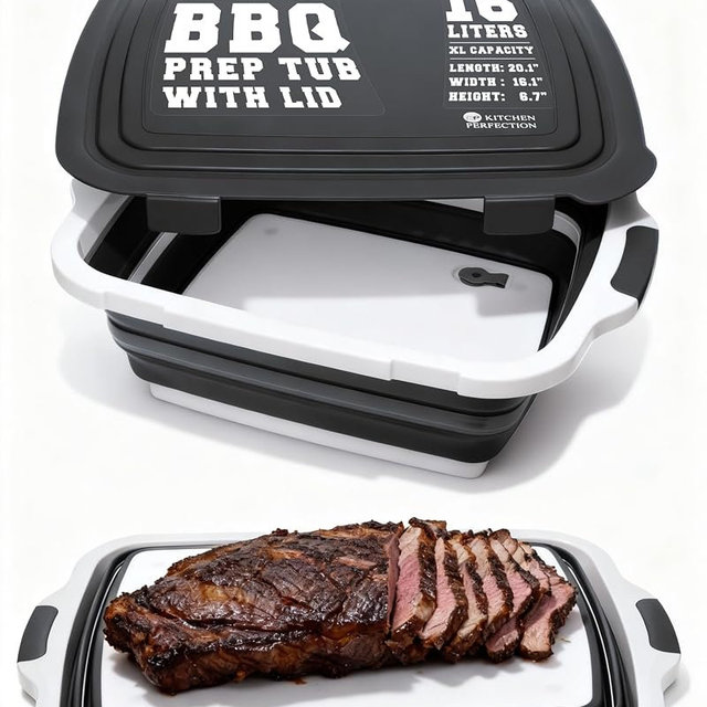 KITCHEN PERFECTION Collapsible XL Smoker & BBQ Prep Tub with Locking Lid & Cutting Board - Grill Caddy Container for Meat Marinating & Brine Perfect For Brisket, Turkey & Ribs - Best Gift For Men