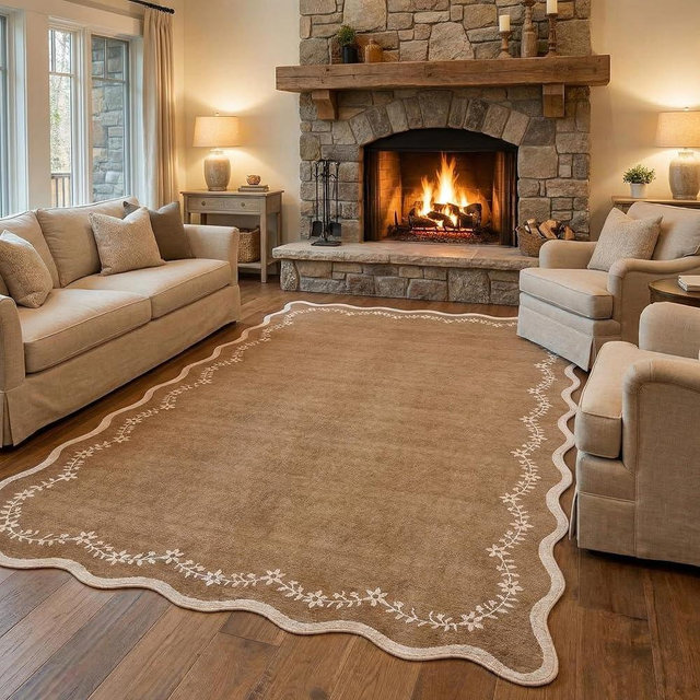 GarveeHome Scalloped Area Rugs 8x10 for Living Room, Solid Brown Large Washable Rug Soft Non Slip Backing Floor Mat Carpet Indoor Thin Rug for Bedroom Dining Room Playroom Nursery Home Decor