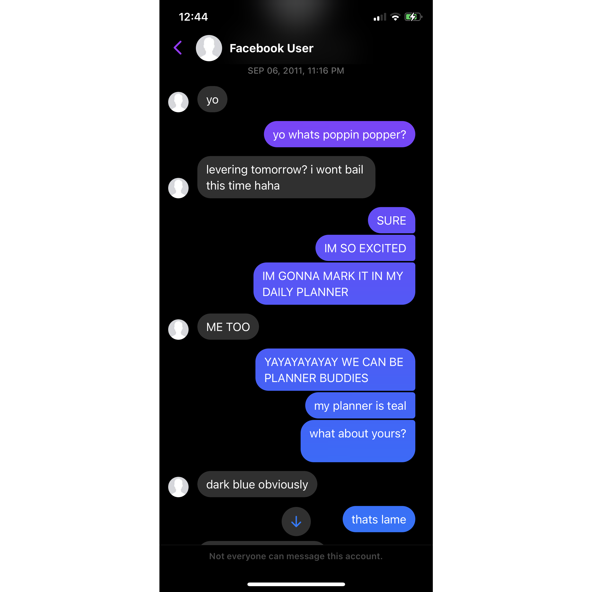 Tom has since deleted his Facebook, but our first DMs started September 2011