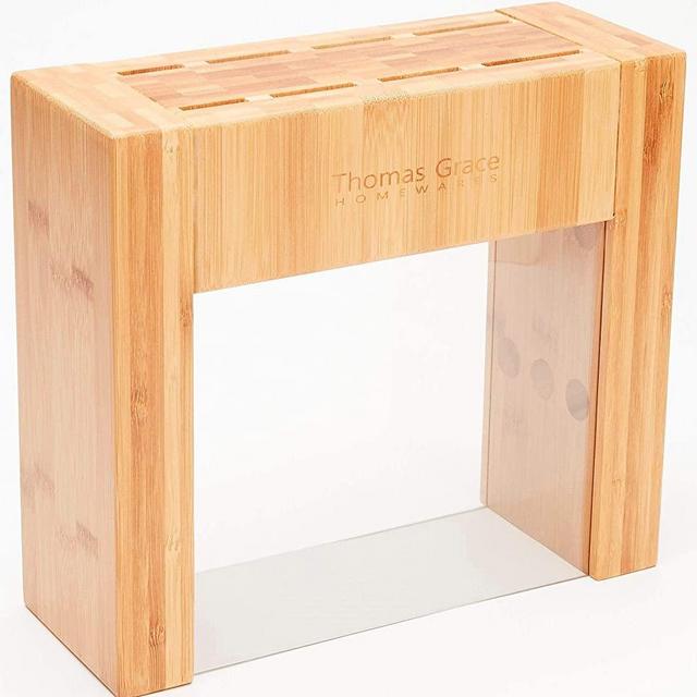 8 Slot Bamboo Knife Block with Magnetic Sides- Thomas Grace Homewares Universal Kitchen Knife Block Organizer Holds Variety of Sized Knives (NOT INCLUDED). Magnetic Strip Boosts Capacity to 12 Knives
