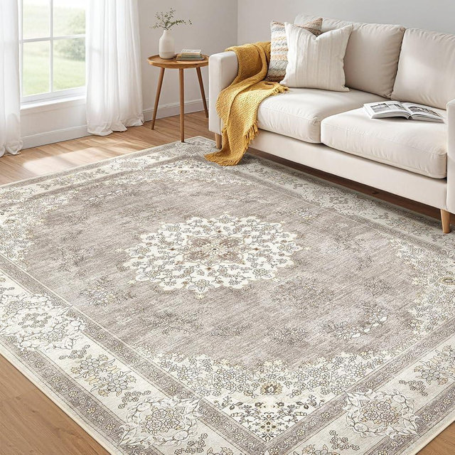 6x9 Area Rugs Living Room: Washable Boho Large Neutral Floral Rug Soft Farmhouse Indoor Floor Vintage Non Slip Carpet for Bedroom Nursery Kids Playroom Dining Room Office Home House- Brown