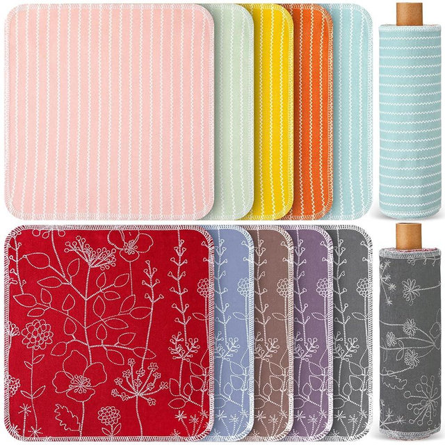 50 Pcs Reusable Paper Towels Paperless Towels Reusable Cotton Cloths Reusable Toilet Absorbent Washable Paper Towels with Roll Kitchen Dishcloth for Kitchen Paperless Dishcloths (Stripe)