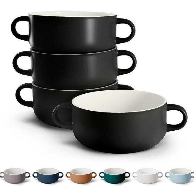 Kook Soup Crocks, Ceramic Bowls, Broil, Oven, Microwave and Dishwasher Safe, with Handles, For Casserole, Pasta, Cereal, 18 oz, Set of 4 (Black)