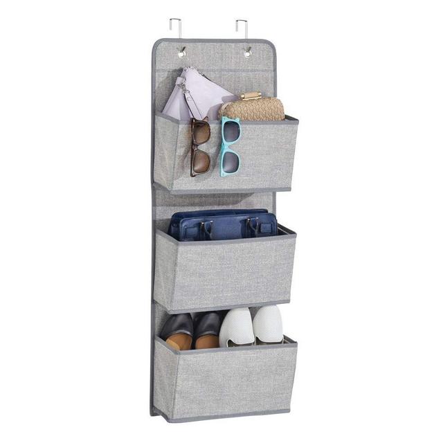 mDesign Soft Fabric Over The Door Hanging Storage Organizer with 3 Large Pockets for Closets in Bedrooms, Hallway, Entryway, Mudroom - Hooks Included - Textured Print - Gray