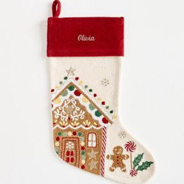 Personalized Holiday Icons Crewel Stocking- Gingerbread House (font- Mary, color- eggshell, name-Olivia)