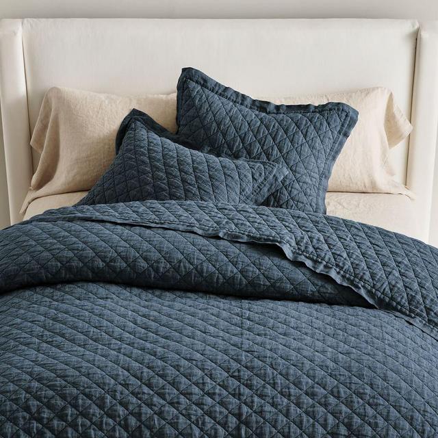 Denim Belgian Flax Linen Diamond Quilt, Full/Queen