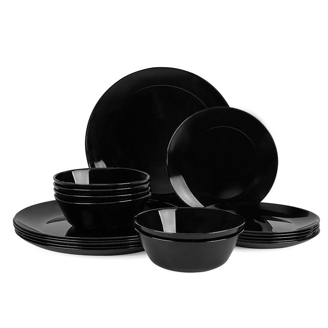 LaGlint Dinnerware Sets for 6, 18 Pieces Opal Glass Plates and Bowls Set, Dishwasher and Microwave Safe Dish Dinning Ware Set, Chip and Scratch Resistant Dishware Sets Black