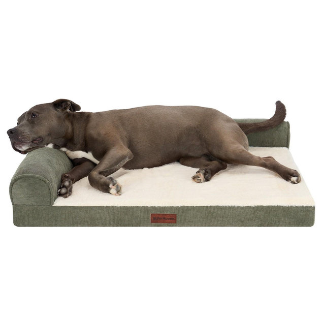Plush & Grid Cord Orthopedic Deluxe L-Chaise Pet Bed for Dogs and Cats - Olive, Large