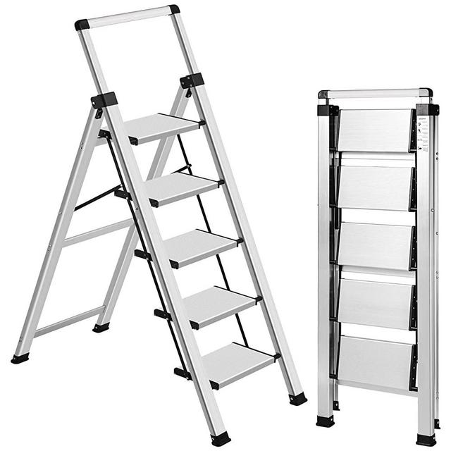 XinSunho 5 Step Ladder, Retractable Handgrip Folding Step Stool with Anti-Slip Wide Pedal, Aluminum Stool Ladders 5 Steps, 330lbs Safety Household Ladder