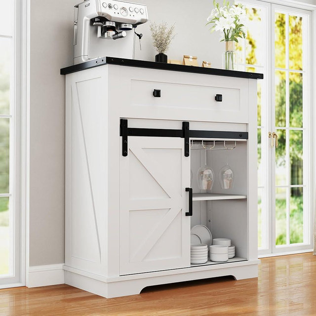 Winlice 32" Farmhouse Coffee Bar Cabinet with Sliding Barn Door & Drawers, Buffet Table with Storage, Kitchen Sideboard Storage Cabinet with Wine Glass Rack for Living, Dining Room, White