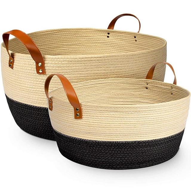 XL and Large Blanket Storage Baskets, 2pc Set – Luxury Palm Woven Basket with Durable Vegan Leather Handles – Decorative Basket for Living Room, Bedroom, Nursery, Blankets, Throws, Toys