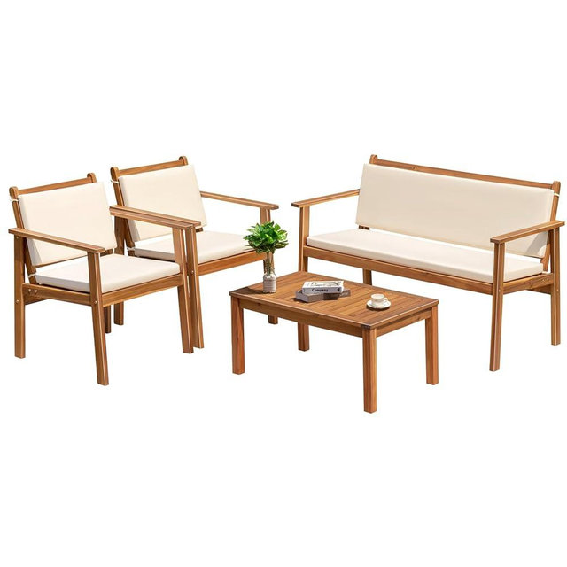 Greesum Outdoor Patio Furniture, 4 Piece Bistro Sofa Set with Coffee Table and Loveseat, Acacia Wood Conversation Sets with Cushions, for Garden, Backyard, Poolside, White